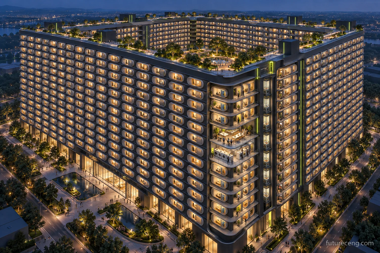 Une structure d'habitation intensive qui représente la cible de 25 étages et des milliers de capsules étroites de chambres; chambres répétitives, services partagés et cours. C'est un concept architectural.