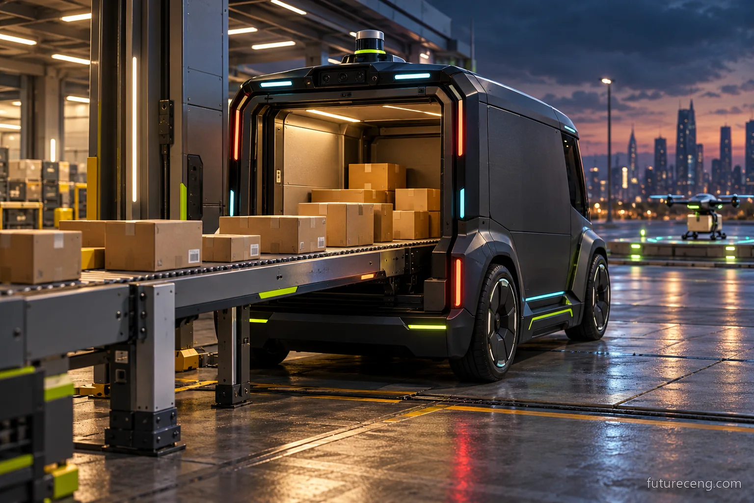 Le véhicule terrestre compact Kargo Car AI sans pilote recevant des colis à l'unité de livraison de marchandises; une ligne de drone de colis léger distincte à l'arrière-plan. Le concept est visuel.