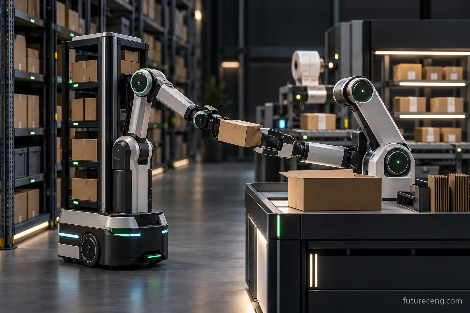 Le robot qui prend le produit de l'étagère dans l'entrepôt et le robot qui prépare le produit pour l'emballage; à l'avenir, le point de livraison de la cargaison. Le concept est visuel.