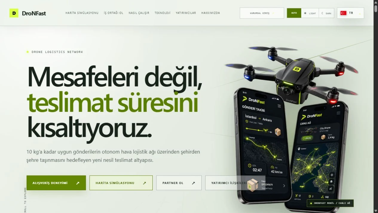 Real screenshot of the DronFast homepage: We're shortening delivery time, not distances, headline, drone and mobile network previews.