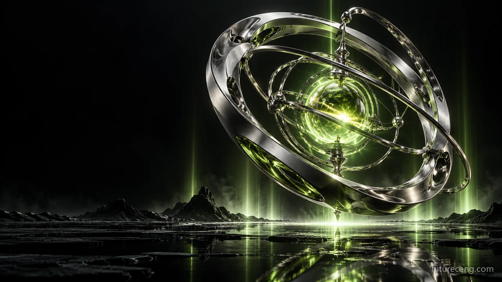 Ein metallischer Umlaufmechanismus, der grünes Licht im Dunkeln emittiert; zukünftiges Bild von FutureCeng