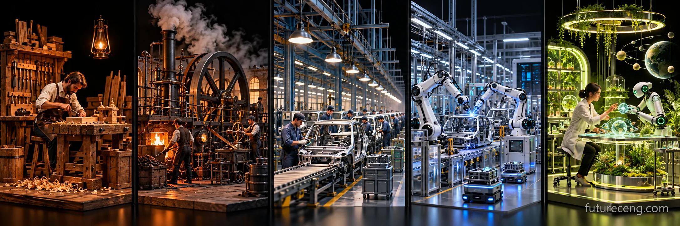 Cinco escenas de izquierda a derecha: trabajo manual, fabricación mecánica, producción masiva eléctrica, automatización digital y investigación colaborativa de inteligencia artificial con humanos.