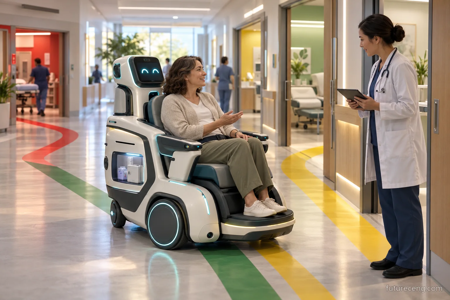 هاتف Nurse Robot، الاستماع إلى المريض عندما يأخذ المريض إلى الممر لرؤية الطبيب، الاستعداد لنقل سريري. المفهوم بصري