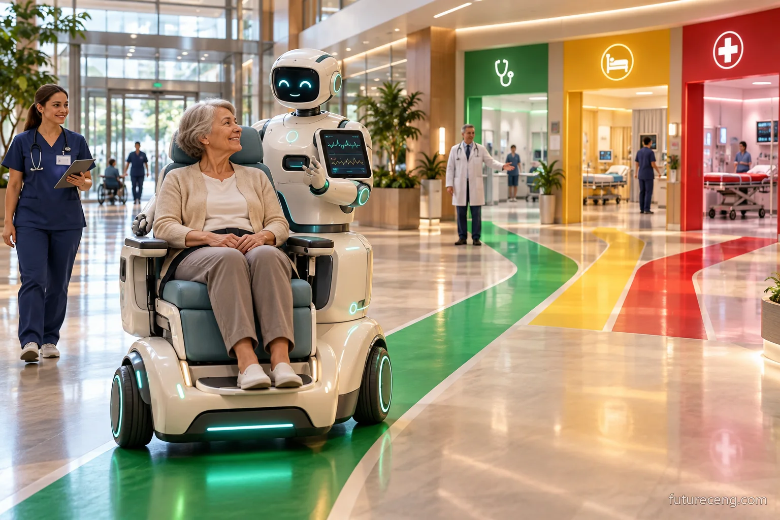 Le fauteuil roulant Nurse Robot, qui transporte le patient assis à l'entrée de l'hôpital, est divisé en zones cliniques distinctes avec des lignes vertes, jaunes et rouges. Le concept est visuel.