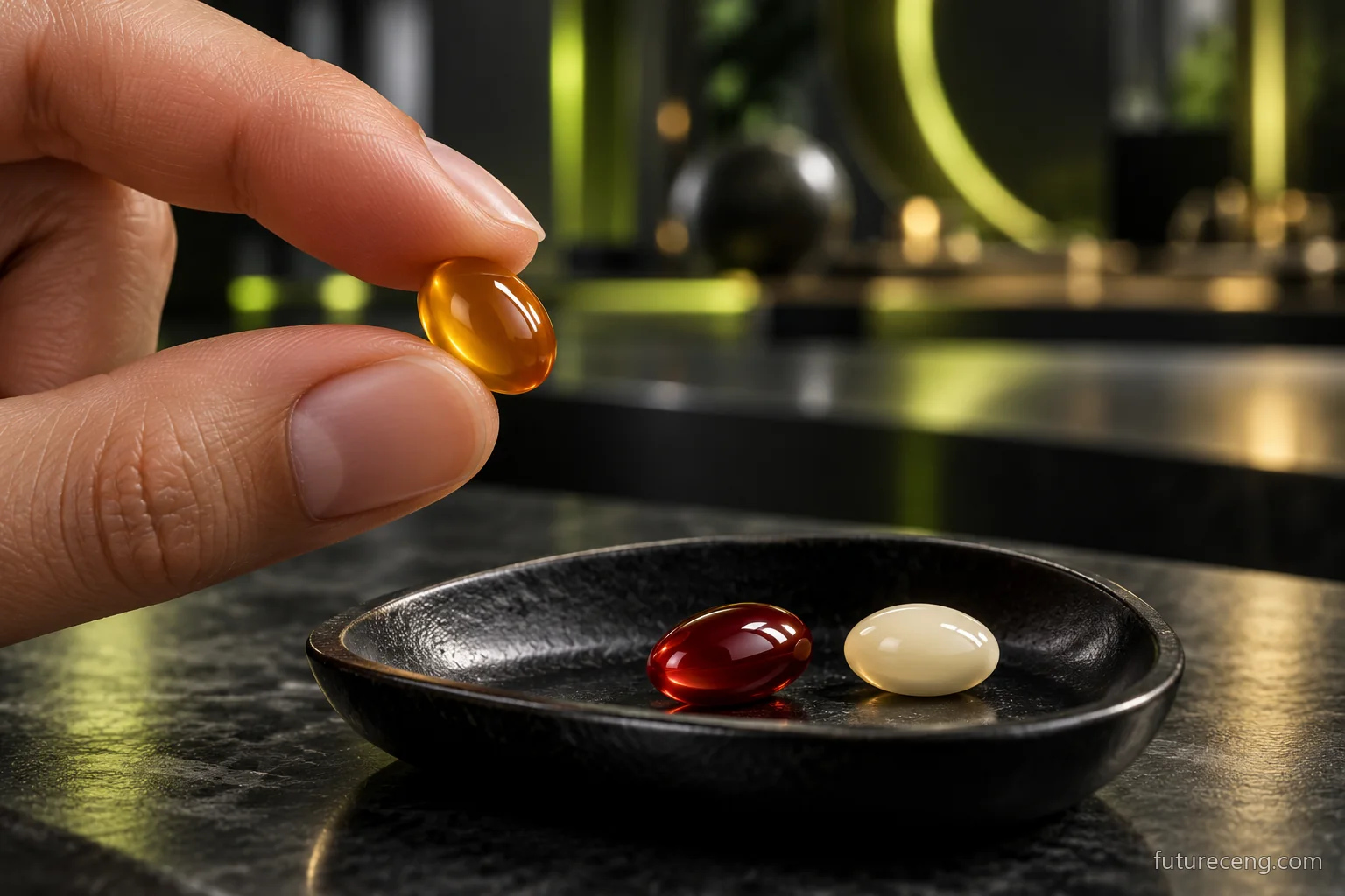 Des petites capsules d'ambre homogènes maintenues entre les deux doigts, avec des capsules qui symbolisent des saveurs différentes. Concept de conception.