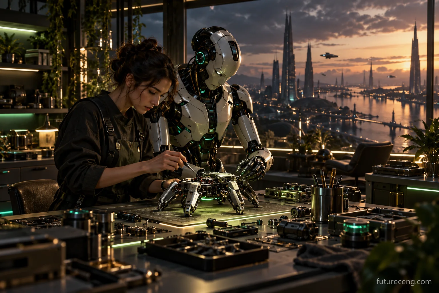 Un futur atelier où les développeurs humains et les robots travaillent ensemble; conception visuelle