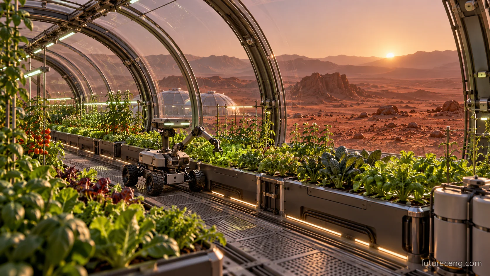 Une serre de recherche robotique regardant le paysage martien; concept visuel